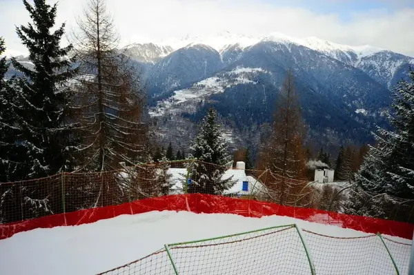 Panorama invernale con montagne innevate e reti da sci in primo piano