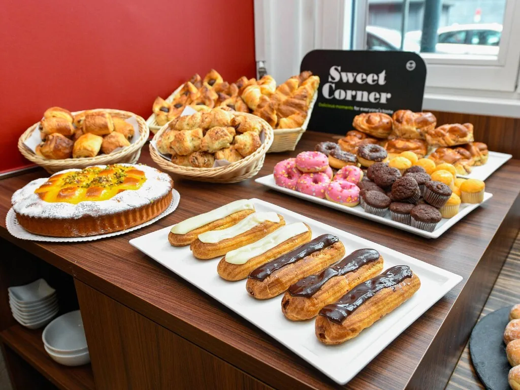 Angolo dolci Sweet Corner con éclair, ciambelle e crostate