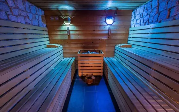 Sauna finlandese in legno con illuminazione blu, panche e stufa con pietre al centro
