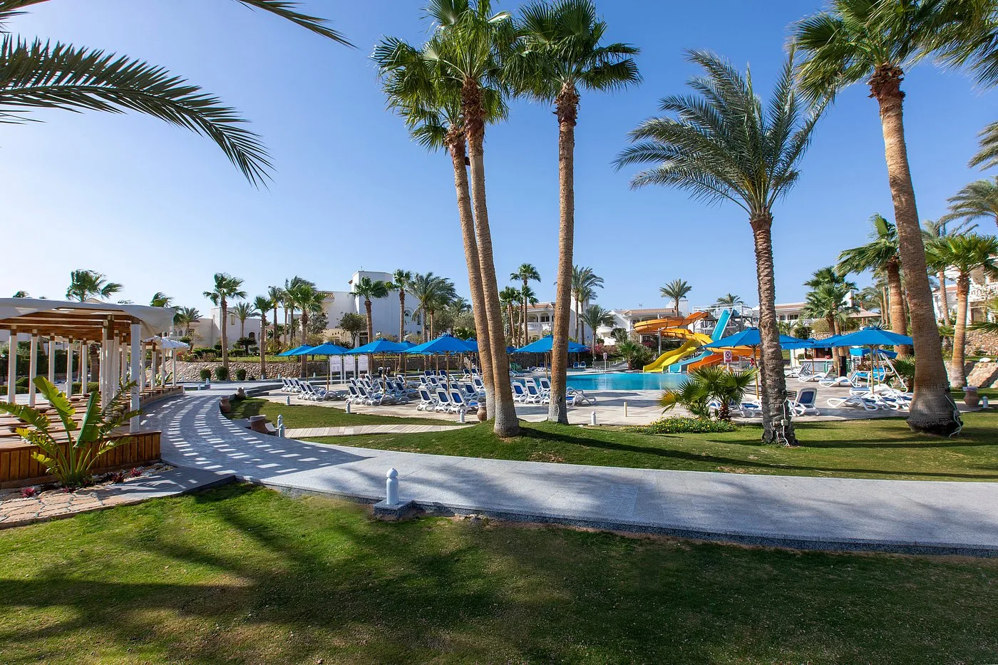 Giardino curato con palme, vialetti e piscina con scivoli acquatici sullo sfondo