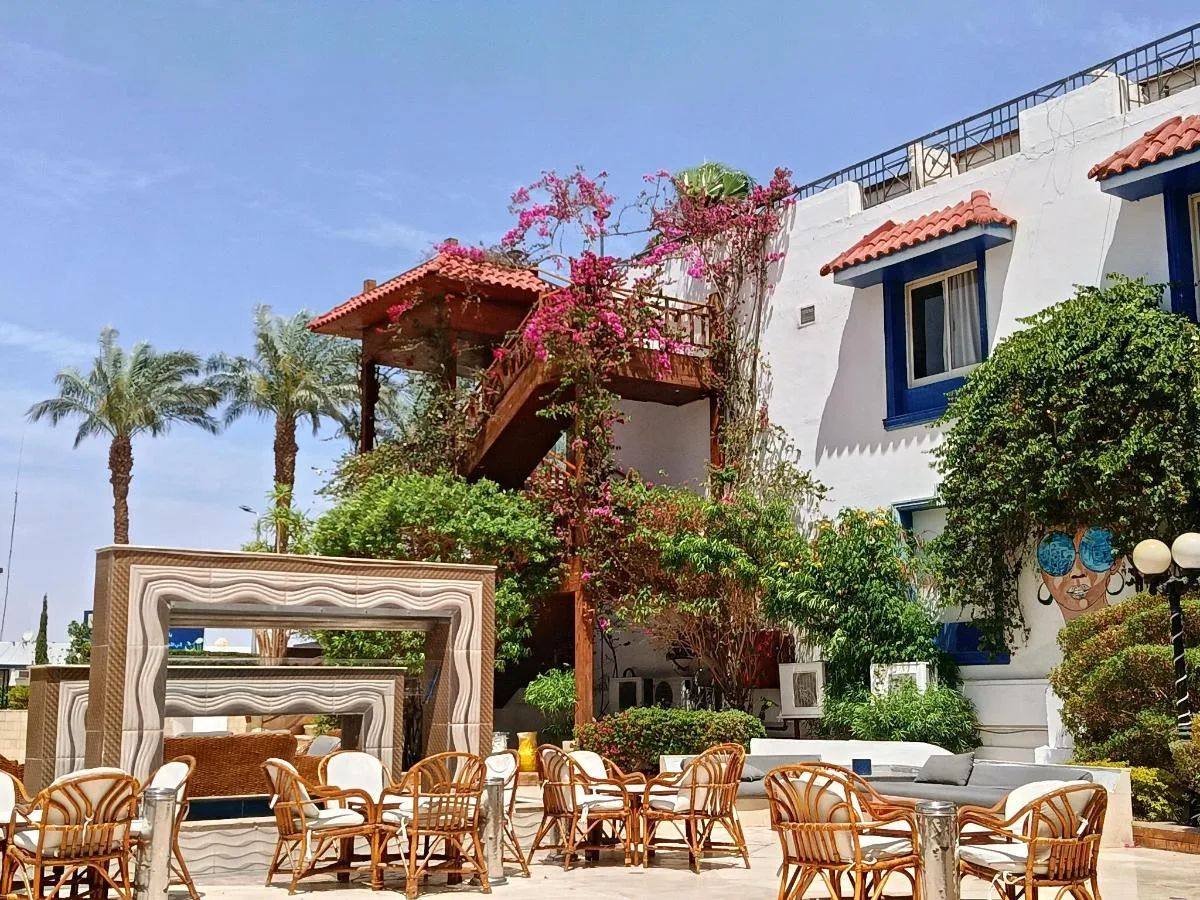 Area lounge esterna con tavoli e sedie in rattan, fiori bougainvillea e edificio bianco e blu